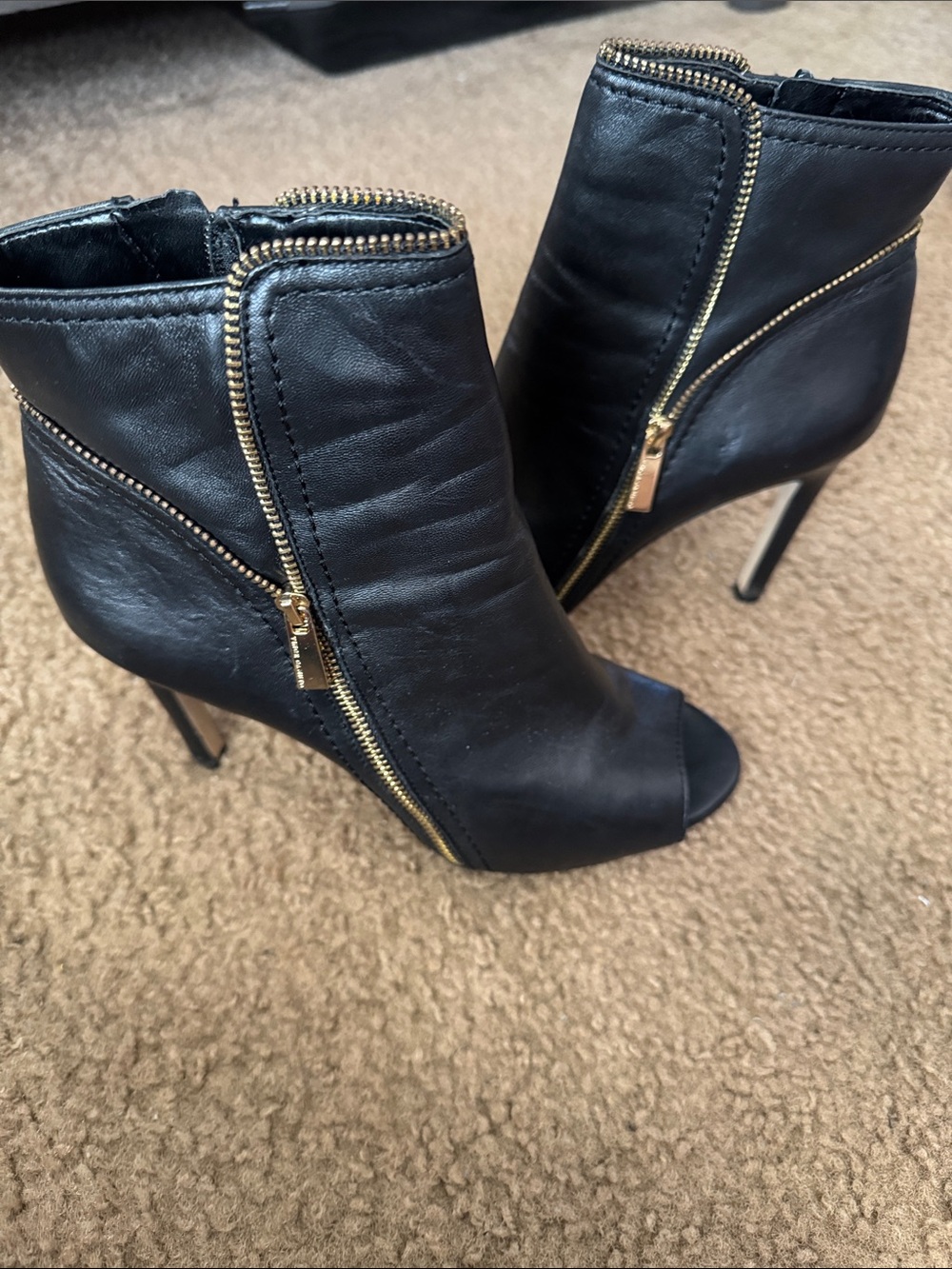 Vince Camuto Black Leather Peep-Toe Stiletto Ankle Boots with Gold Zippers